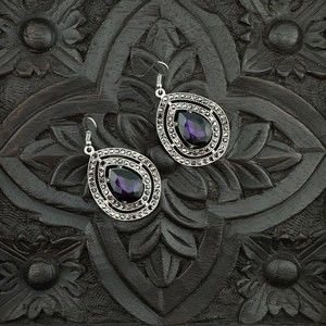 Teardrop Silver Tone Wavy Dangle Earrings Large Purple Rhinestone Small Black 2"